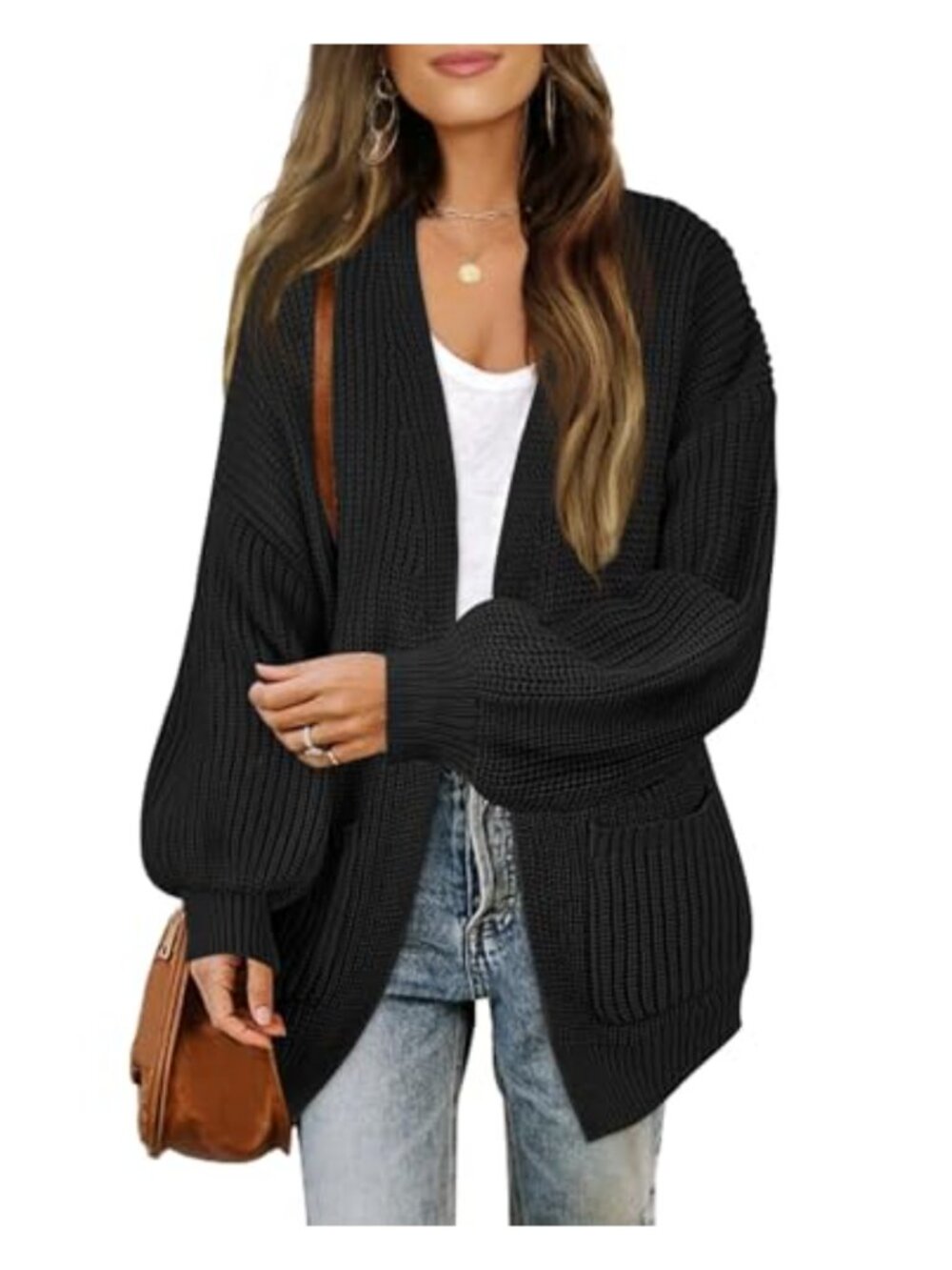 Open Front Cardigan Chunky Knit Lantern Sleeve Oversized Loose Fit Pocket